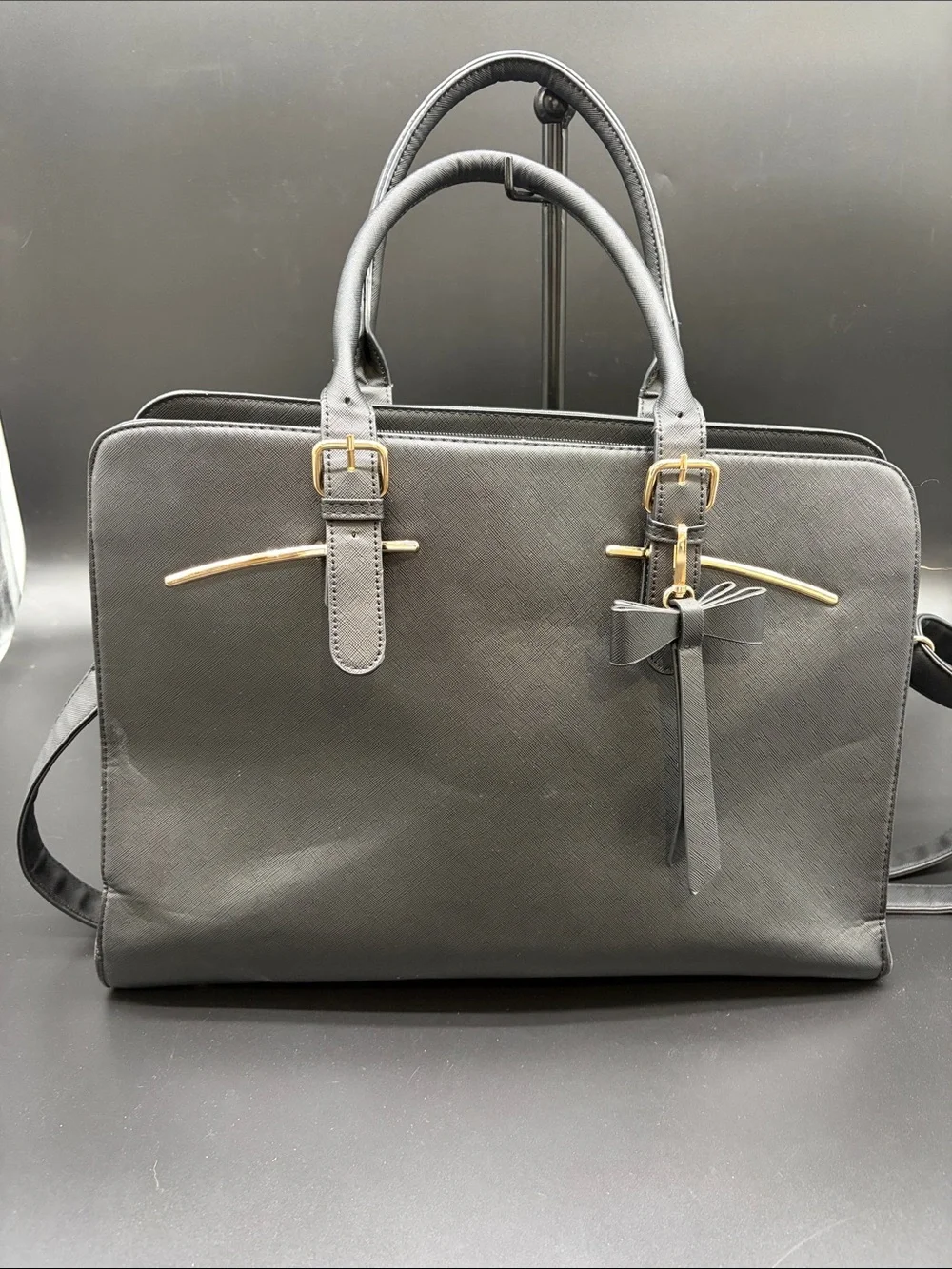 Black Laptop Tote with Bow and Gold Accents